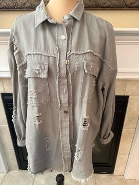 Distressed Long Sleeve Jean Shirt Jacket - Gray XL